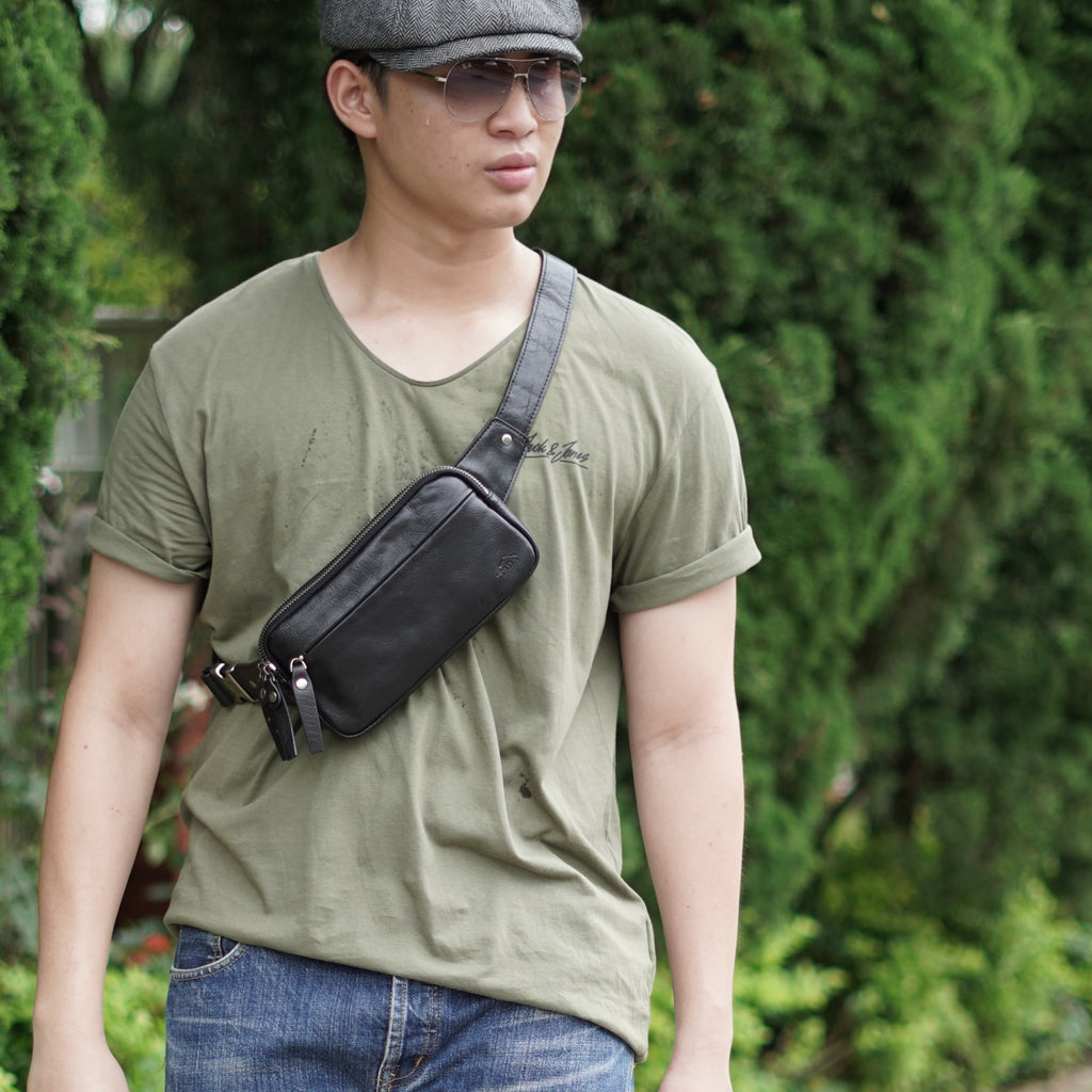 กระเป๋าหนังผู้ชาย/กระเป๋าหนังคาดอกผู้ชาย สีดำ รุ่น B-BK-8318