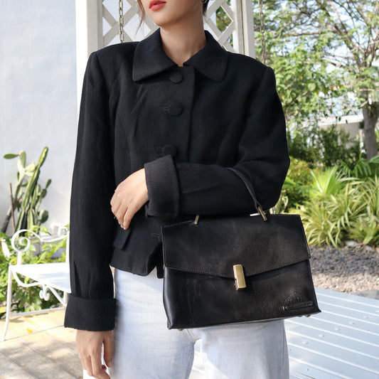กระเป๋าหนังสะพายข้างผู้หญิง/กระเป๋าหนังแท้ผู้หญิง สีดำ รุ่น B-BK-1294